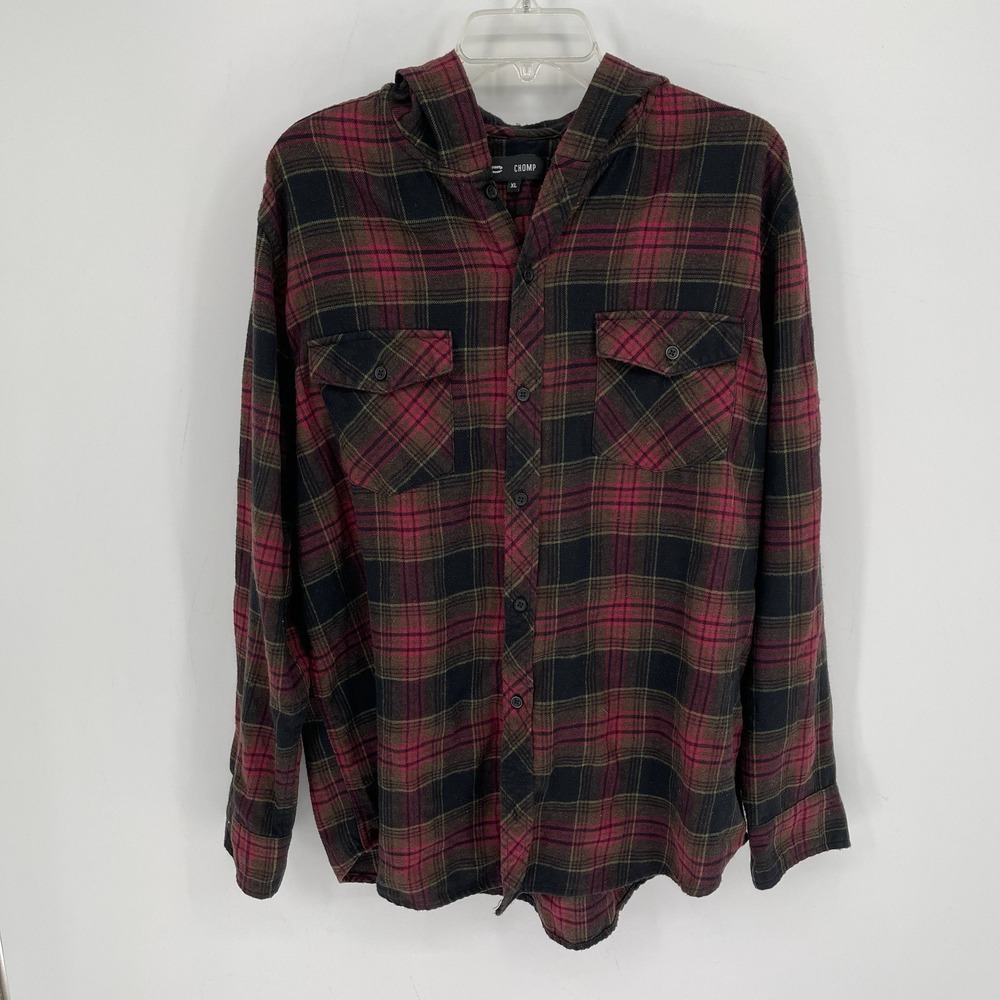 Chomp Men's Burgundy Plaid Hooded Button Front Flannel Shirt Jacket Size XL